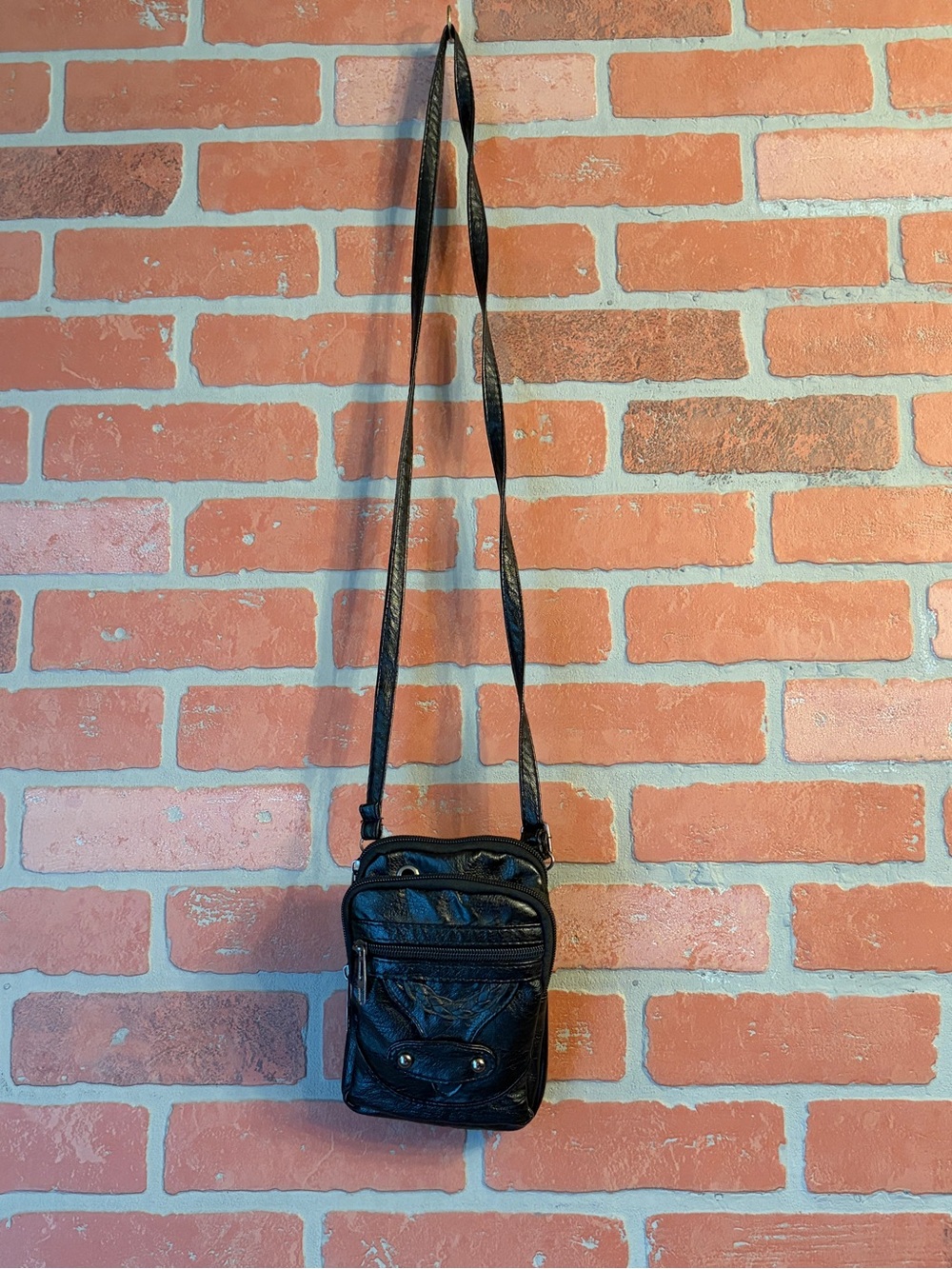 Black Faux Leather Multi-Pocket Crossbody Bag. NWOT